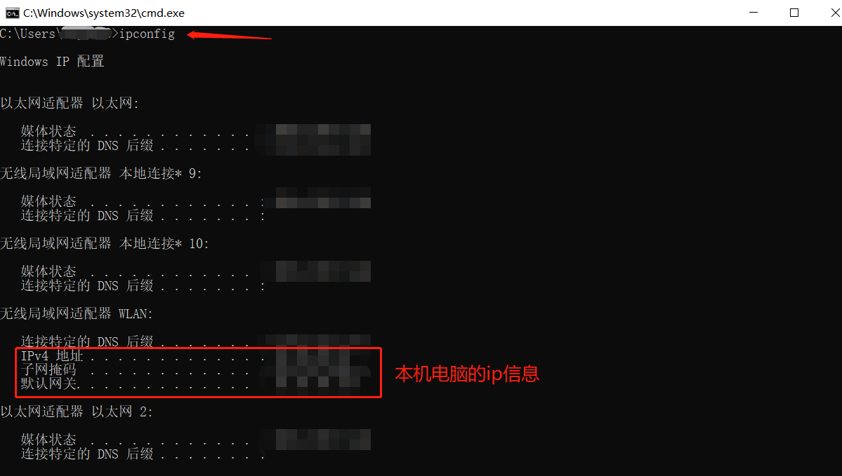 ipconfig 命令查看本机 IP 地址信息界面
